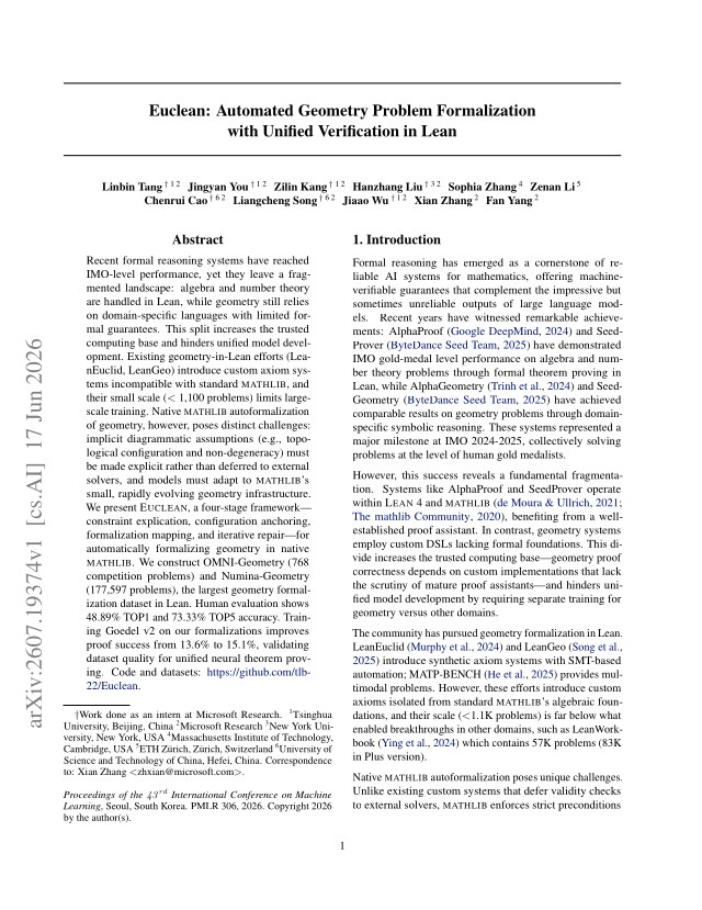 First page of Euclean: Automated Geometry Problem Formalization with Unified Verification in Lean