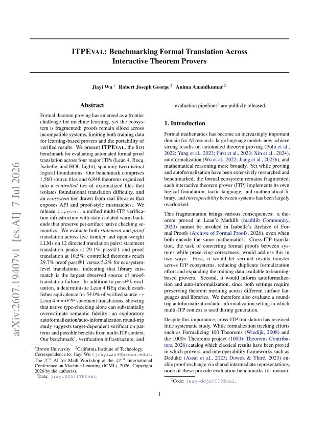First page of ITPEval: Benchmarking Formal Translation Across Interactive Theorem Provers