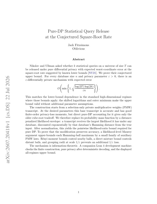 First page of Pure-DP Statistical Query Release at the Conjectured Square-Root Rate