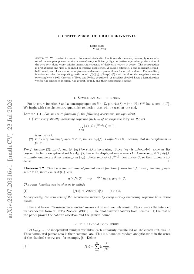 First page of Cofinite Zeros of High Derivatives