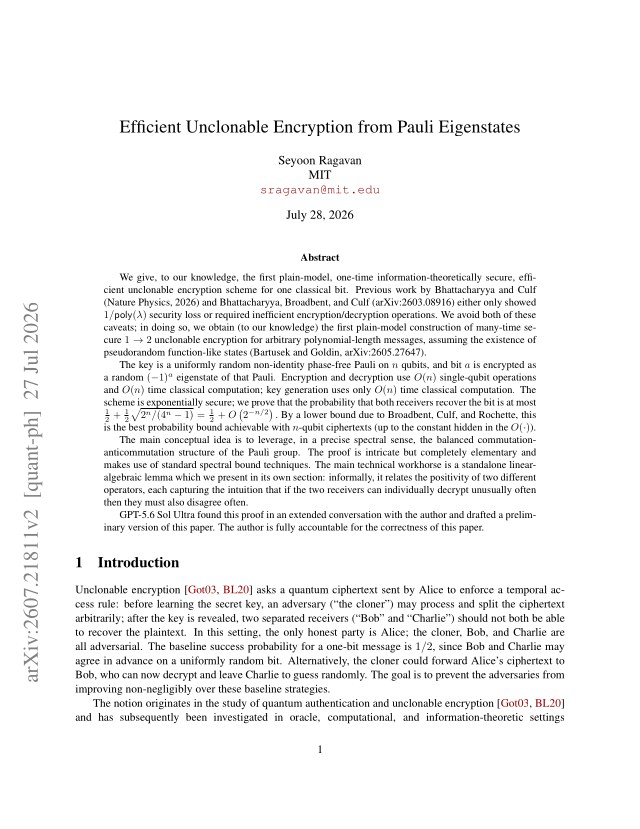 First page of Efficient Unclonable Encryption from Pauli Eigenstates