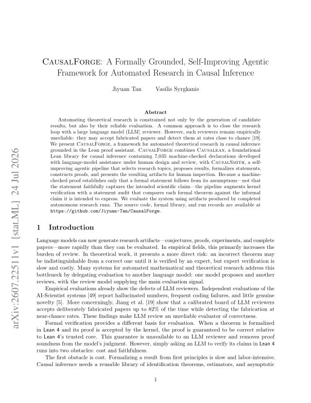 First page of CausalForge: A Formally Grounded, Self-Improving Agentic Framework for Automated Research in Causal Inference