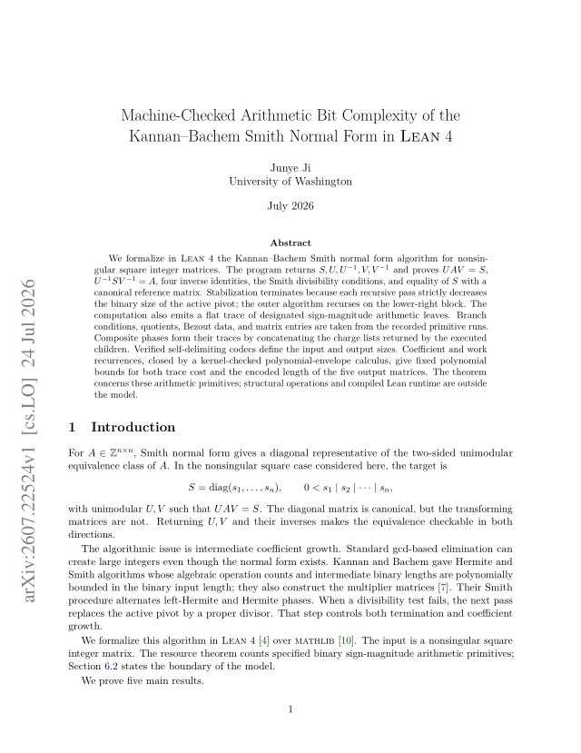 First page of Machine-Checked Arithmetic Bit Complexity of the Kannan-Bachem Smith Normal Form in Lean 4