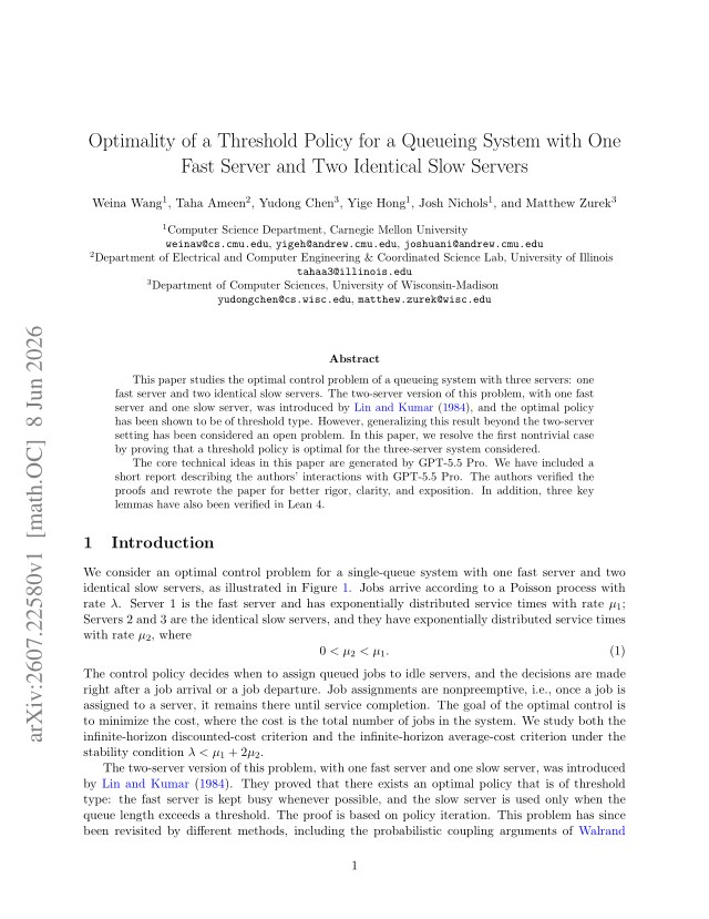 First page of Optimality of a Threshold Policy for a Queueing System with One Fast Server and Two Identical Slow Servers