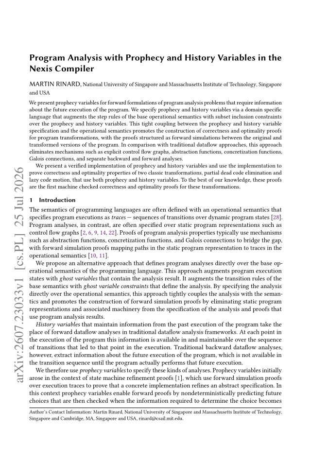 First page of Program Analysis with Prophecy and History Variables in the Nexis Compiler
