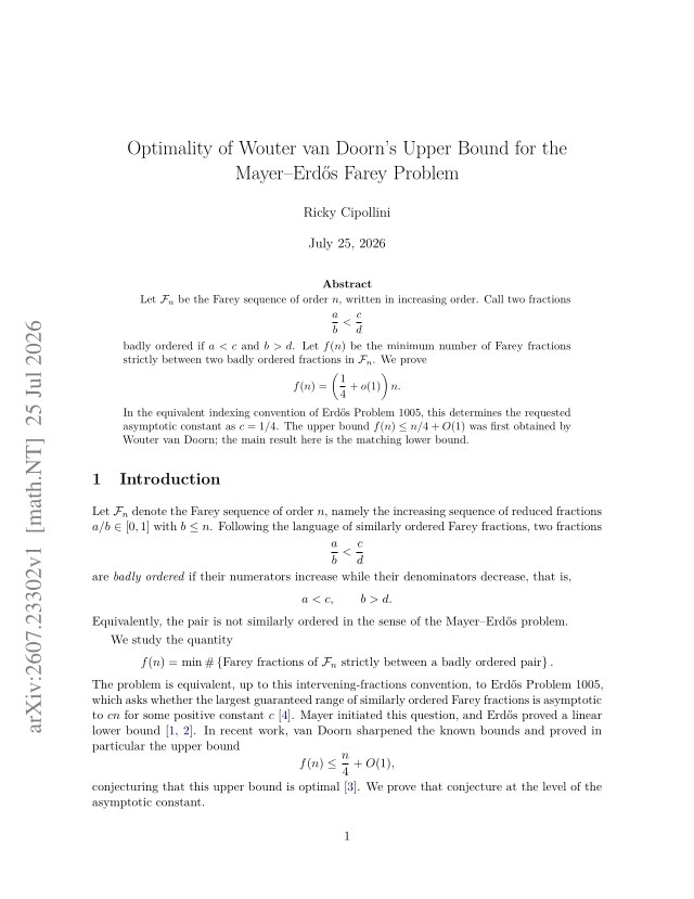 First page of Optimality of Wouter van Doorn's Upper Bound for the Mayer-Erdős Farey Problem
