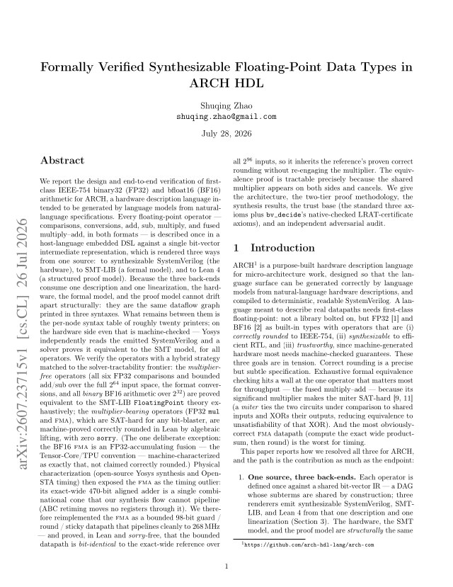 First page of Formally Verified Synthesizable Floating-Point Data Types in ARCH HDL