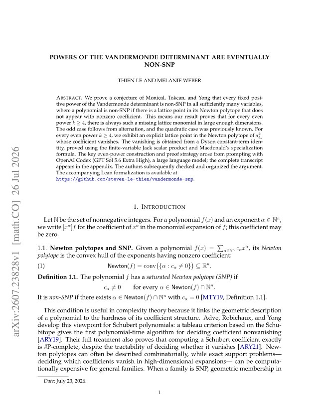 First page of Powers of the Vandermonde determinant are eventually non-SNP