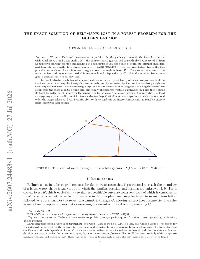 First page of The exact solution of Bellman's lost-in-a-forest problem for the golden gnomon