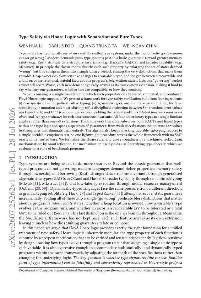 First page of Type Safety via Hoare Logic with Separation and Pure Types