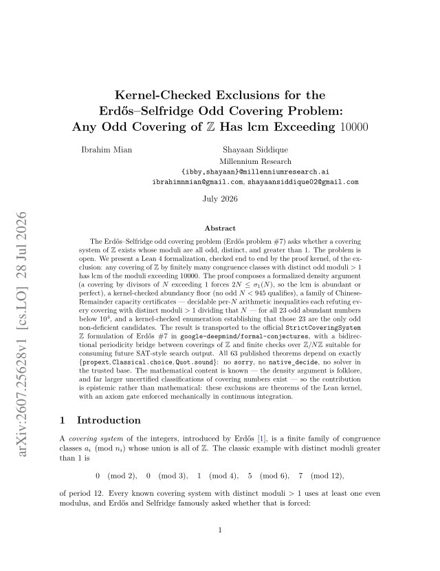 First page of Kernel-Checked Exclusions for the Erdős-Selfridge Odd Covering Problem: Any Odd Covering of $\mathbb{Z}$ Has lcm Exceeding 10000