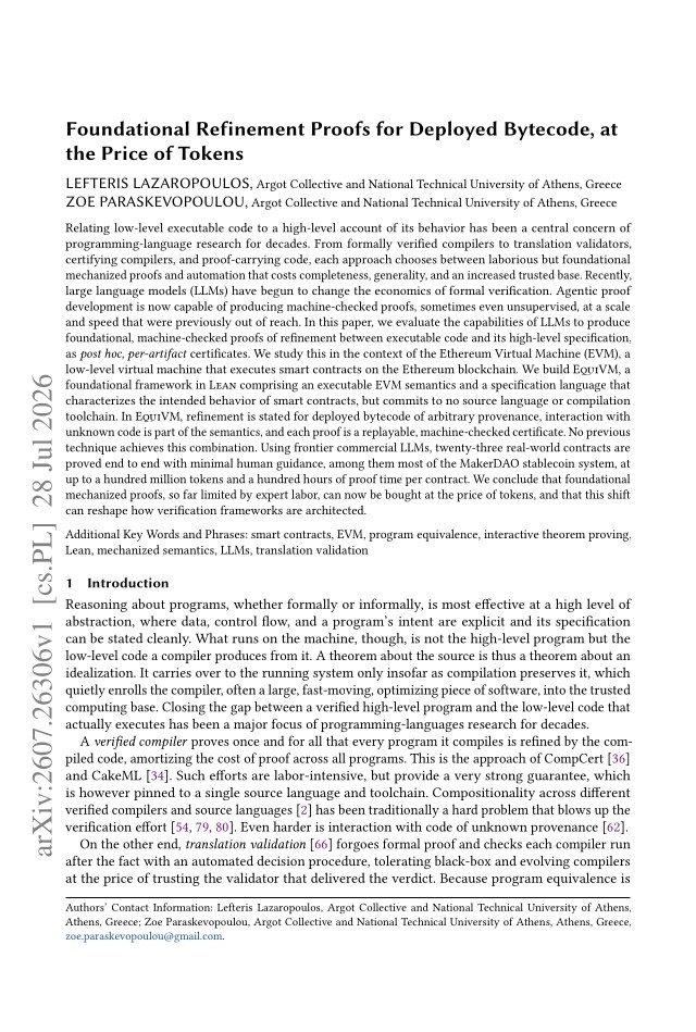 First page of Foundational Refinement Proofs for Deployed Bytecode, at the Price of Tokens