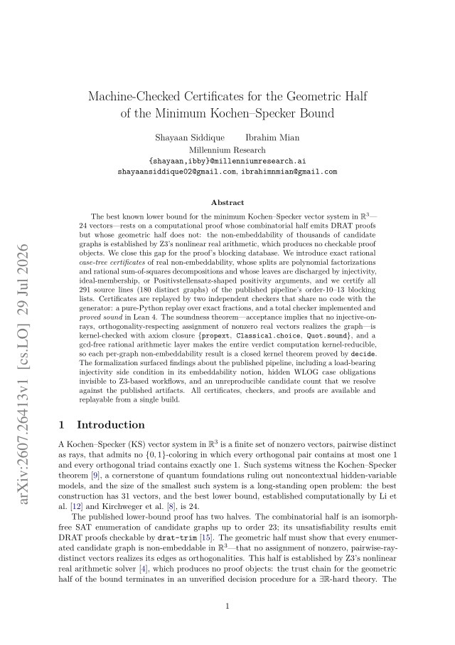 First page of Machine-Checked Certificates for the Geometric Half of the Minimum Kochen-Specker Bound