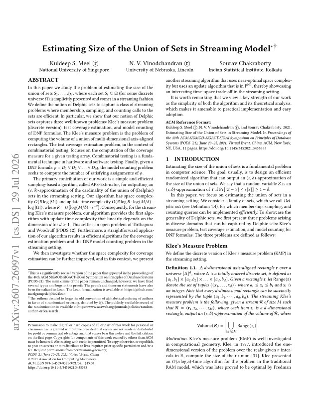 First page of Estimating Size of the Union of Sets in Streaming Model