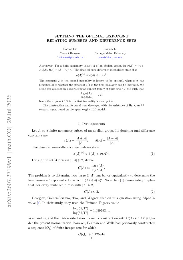 First page of Settling the Optimal Exponent Relating Sumsets and Difference Sets