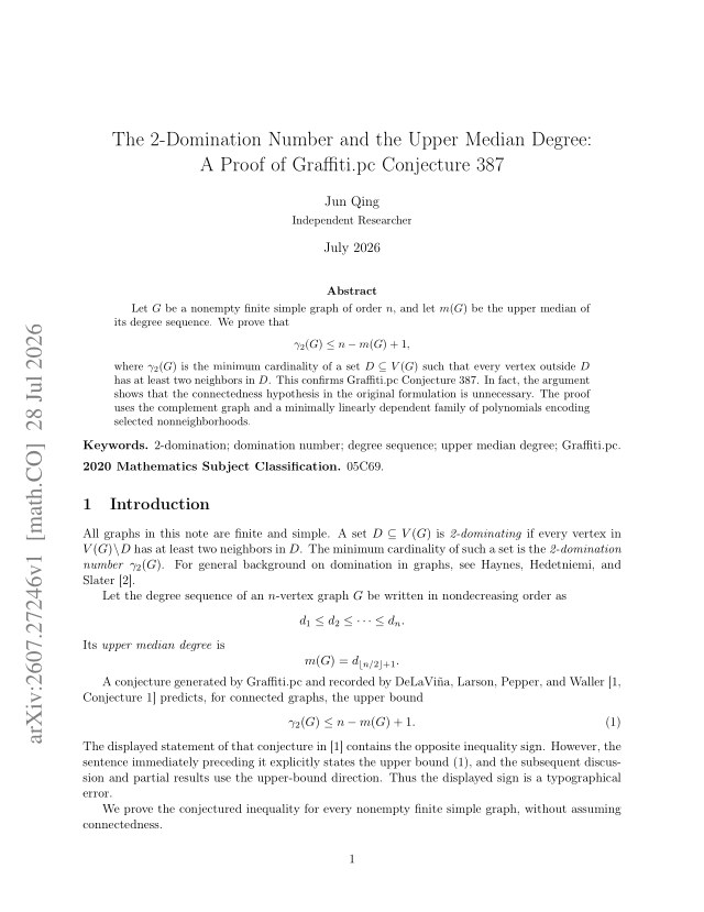 First page of The 2-Domination Number and the Upper Median Degree: A Proof of Graffiti.pc Conjecture 387