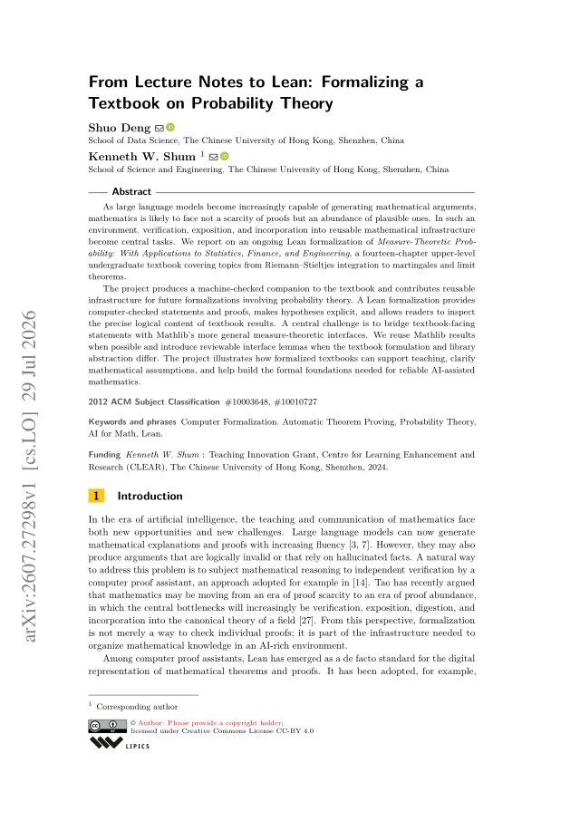 First page of From Lecture Notes to Lean: Formalizing a Textbook on Probability Theory