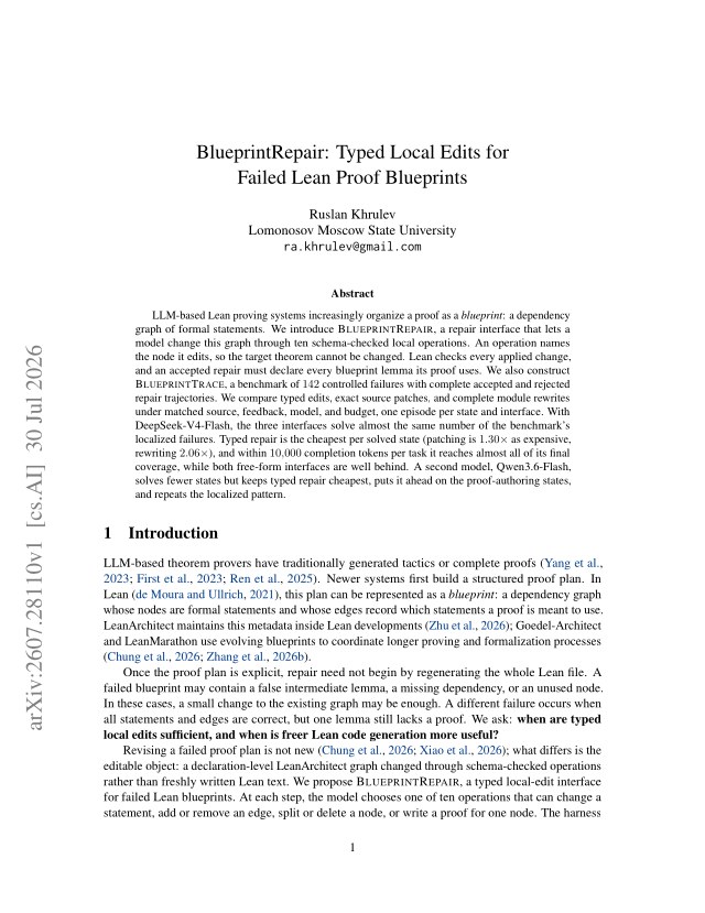 First page of BlueprintRepair: Typed Local Edits for Failed Lean Proof Blueprints