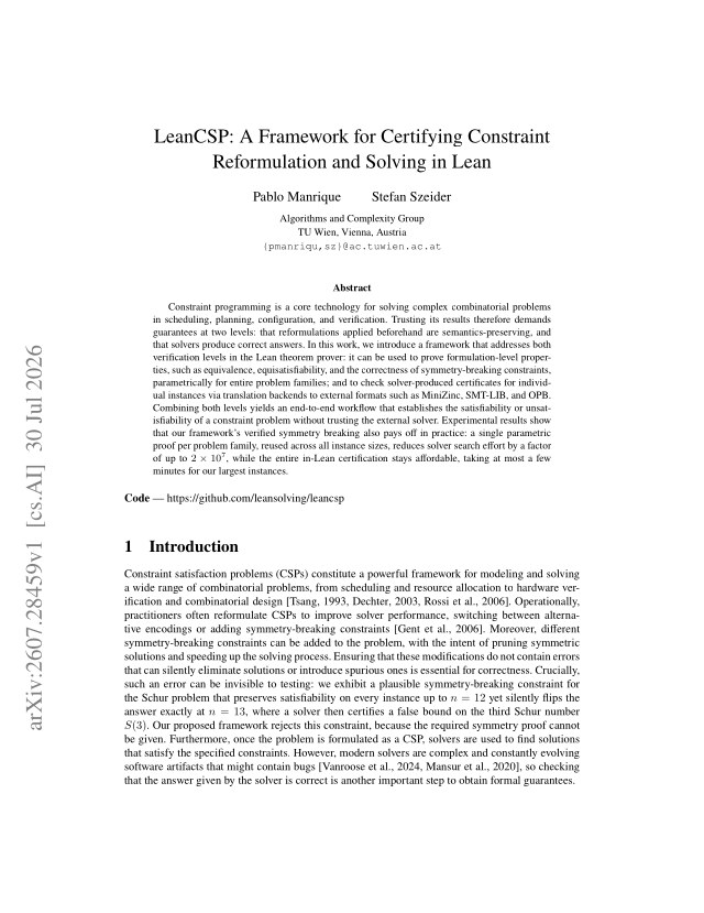 First page of LeanCSP: A Framework for Certifying Constraint Reformulation and Solving in Lean