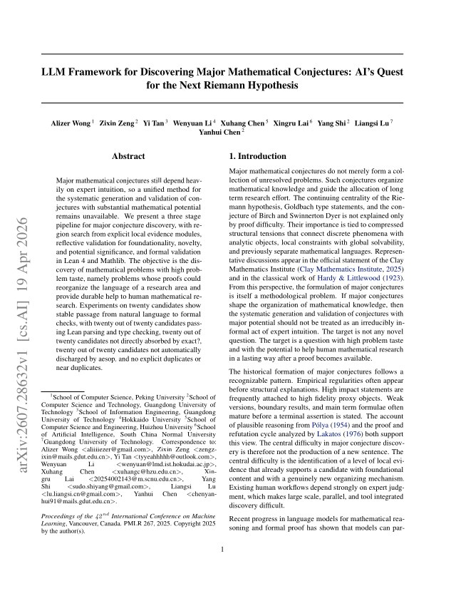 First page of LLM Framework for Discovering Major Mathematical Conjectures: AI's Quest for the Next Riemann Hypothesis