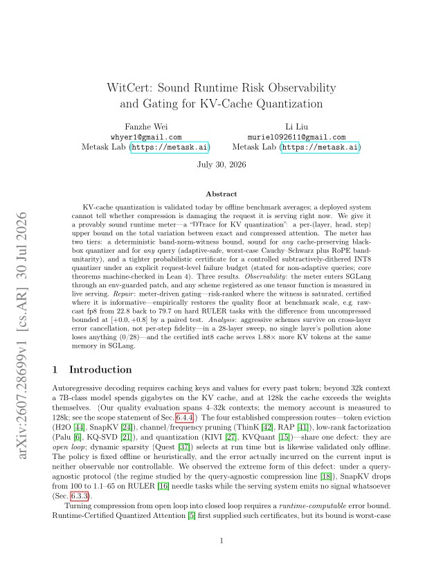 First page of WitCert: Sound Runtime Risk Observability and Gating for KV-Cache Quantization