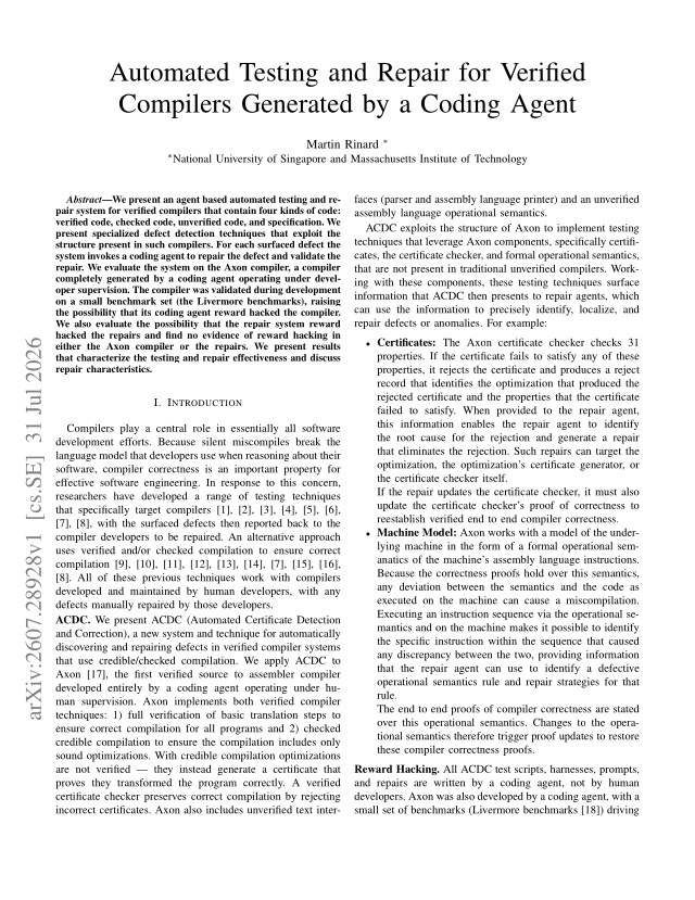 First page of Automated Testing and Repair for Verified Compilers Generated by a Coding Agent
