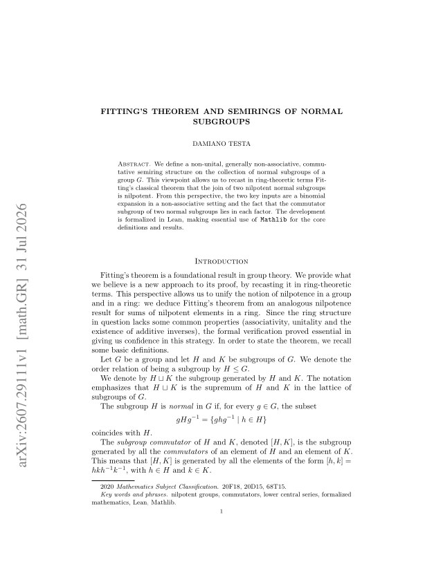 First page of Fitting's Theorem and Semirings of Normal Subgroups