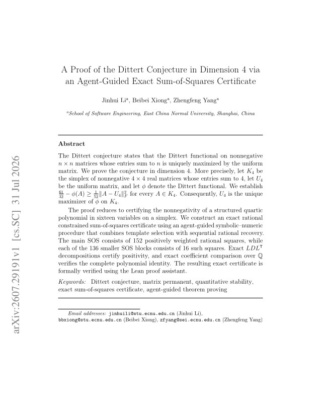First page of A Proof of the Dittert Conjecture in Dimension 4 via an Agent-Guided Exact Sum-of-Squares Certificate