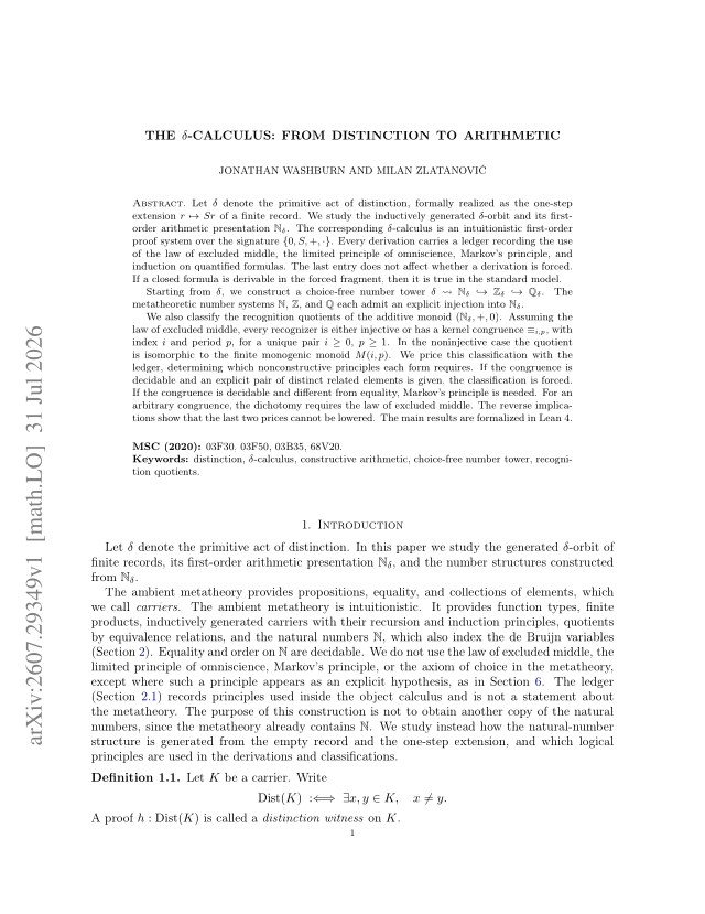 First page of The $δ$-calculus: from distinction to arithmetic