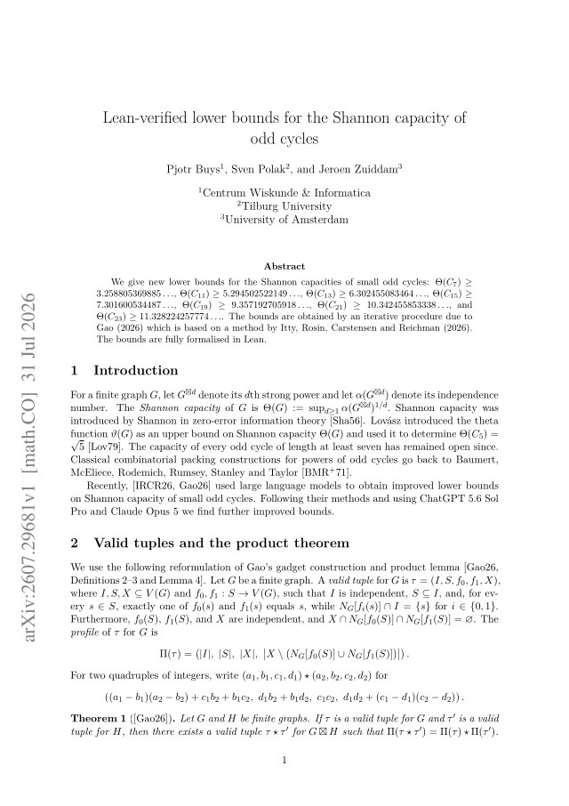 First page of Lean-verified lower bounds for the Shannon capacity of odd cycles
