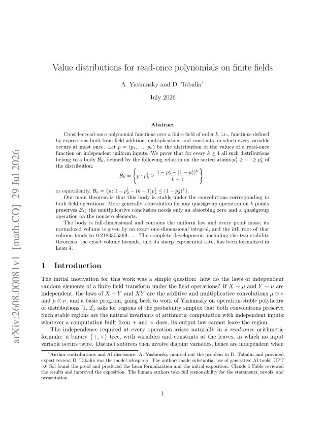 First page of Value distributions for read-once polynomials on finite fields