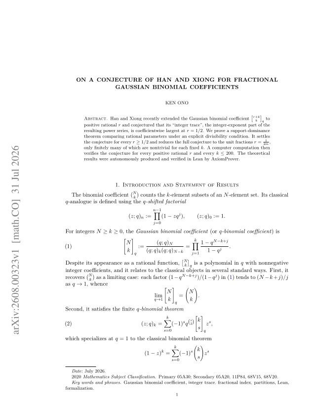 First page of On a conjecture of Han and Xiong for fractional Gaussian binomial coefficients