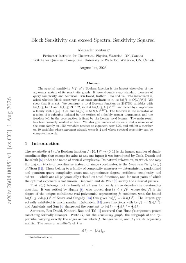 First page of Block Sensitivity can exceed Spectral Sensitivity Squared