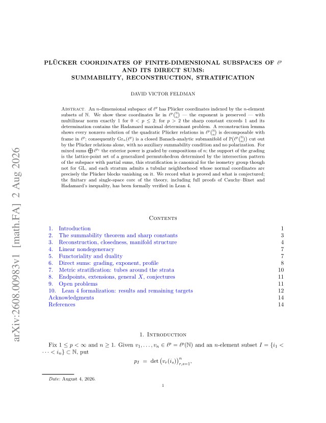 First page of Plücker coordinates of finite-dimensional subspaces of $\ell^p$ and its direct sums: summability, reconstruction, stratification