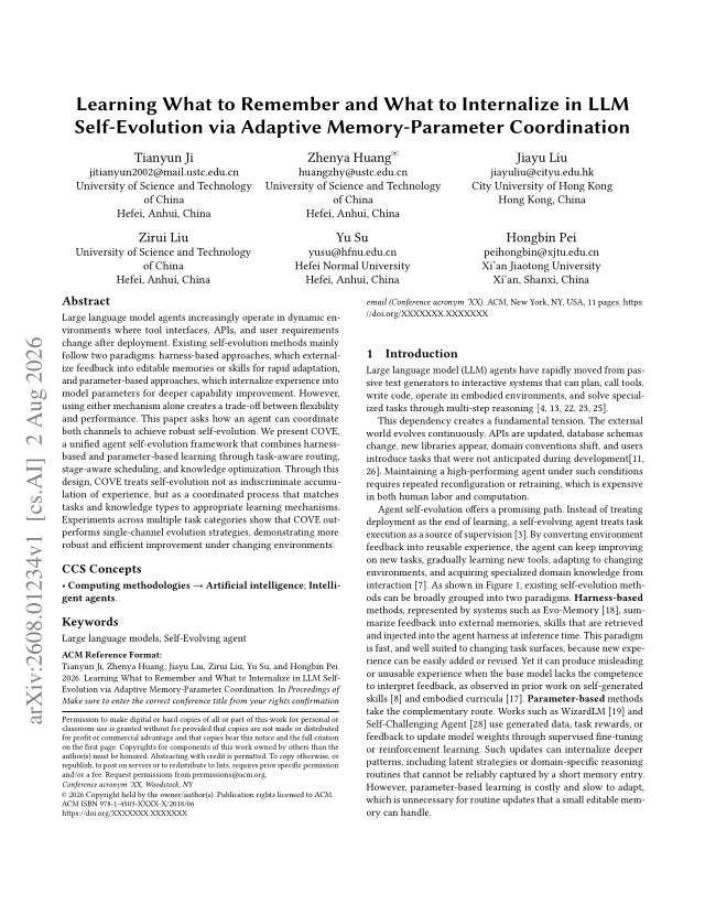 First page of Learning What to Remember and What to Internalize in LLM Self-Evolution via Adaptive Memory-Parameter Coordination