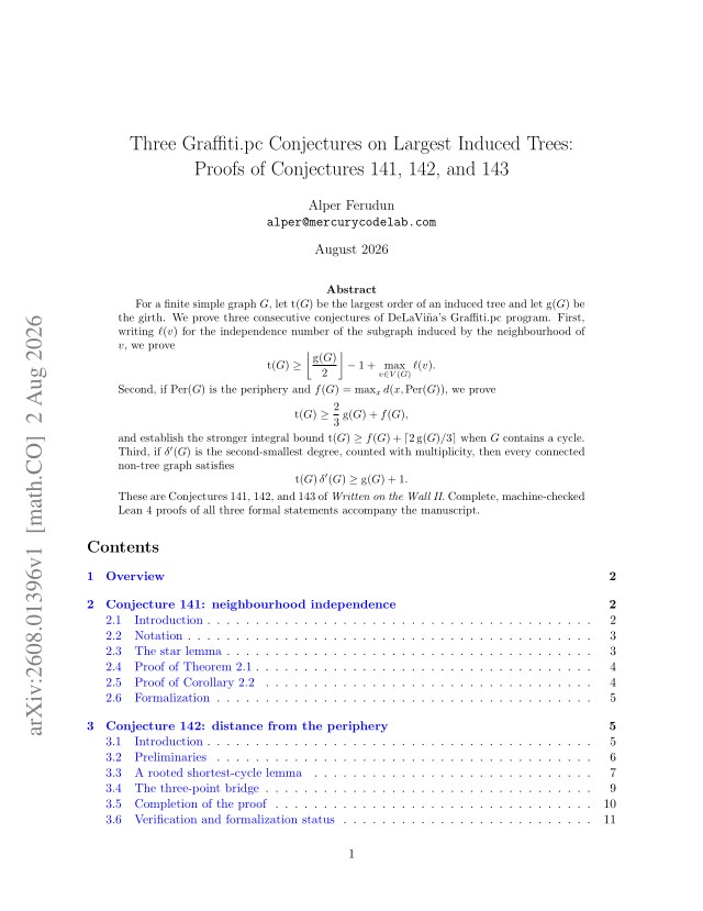 First page of Three Graffiti.pc Conjectures on Largest Induced Trees: Proofs of Conjectures 141, 142, and 143