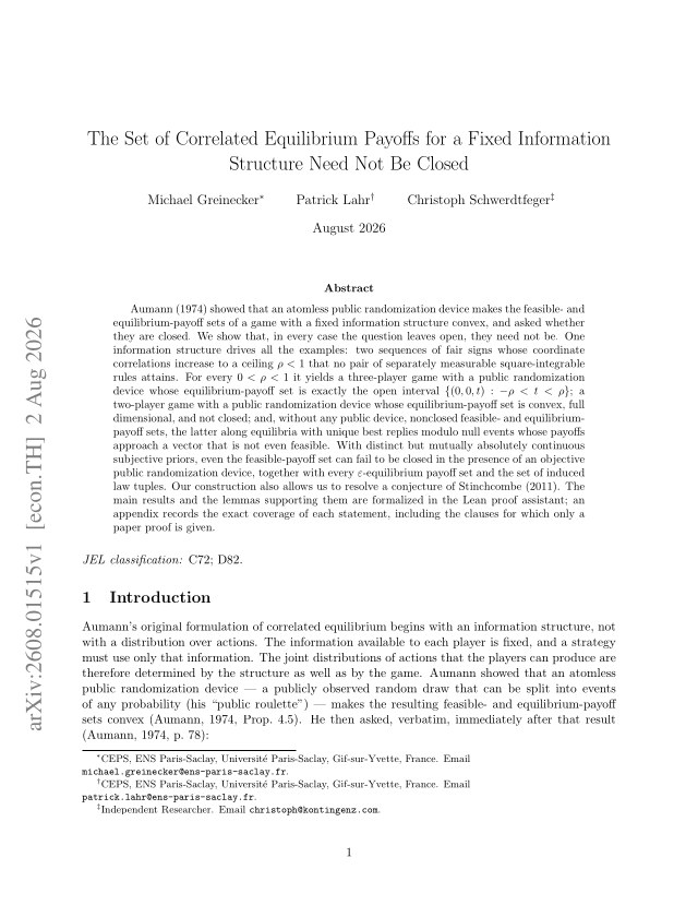 First page of The Set of Correlated Equilibrium Payoffs for a Fixed Information Structure Need Not Be Closed