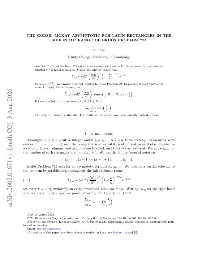 First page of The Godsil–McKay Asymptotic for Latin Rectangles in the Sublinear Range of Erdős Problem 725