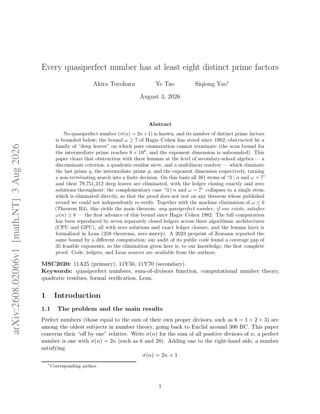 First page of Every quasiperfect number has at least eight distinct prime factors