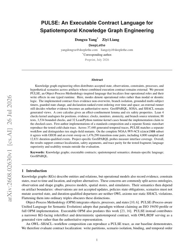 First page of PULSE: An Executable Contract Language for Spatiotemporal Knowledge Graph Engineering