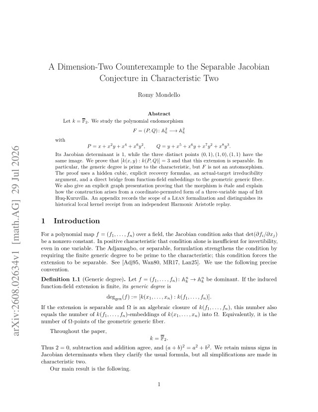 First page of A Dimension-Two Counterexample to the Separable Jacobian Conjecture in Characteristic Two