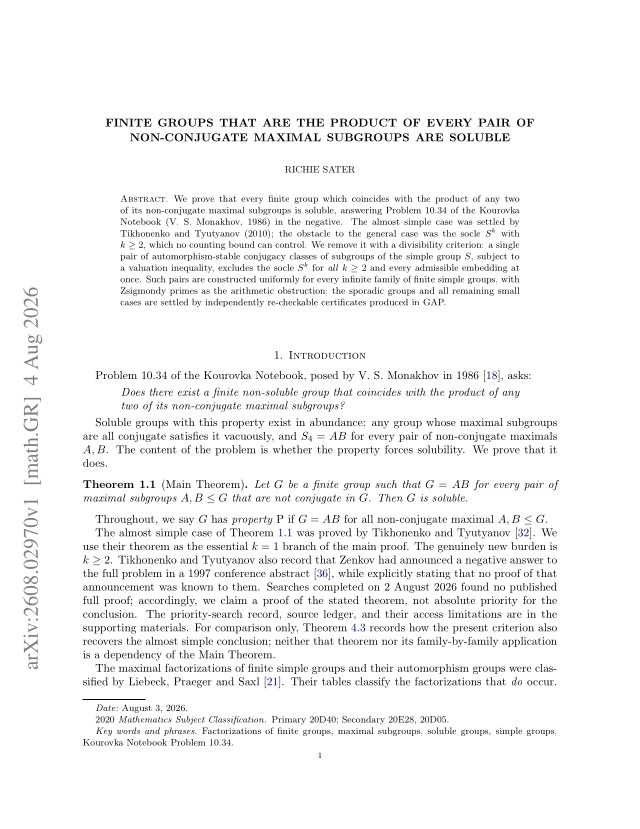First page of Finite groups that are the product of every pair of non-conjugate maximal subgroups are soluble