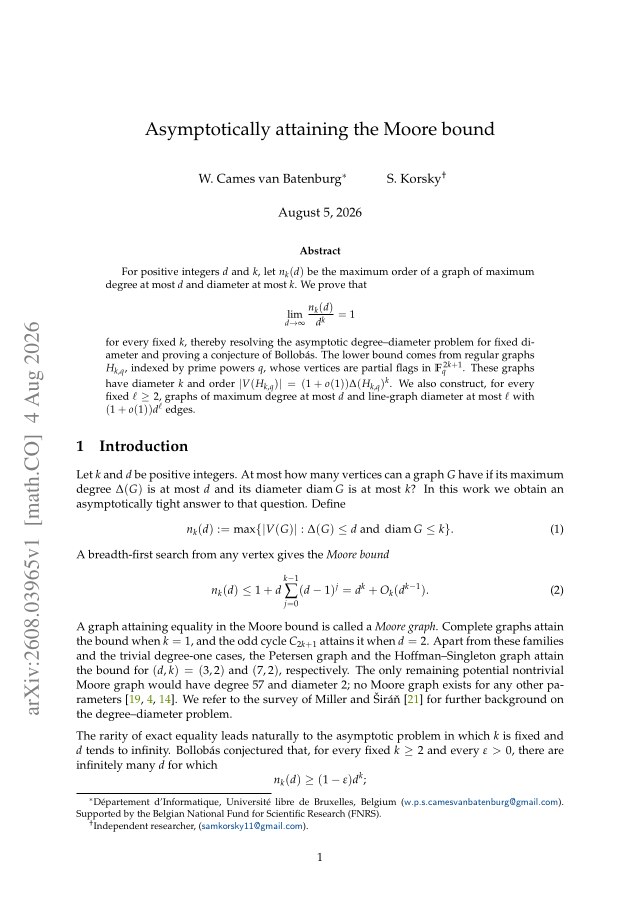 First page of Asymptotically attaining the Moore bound