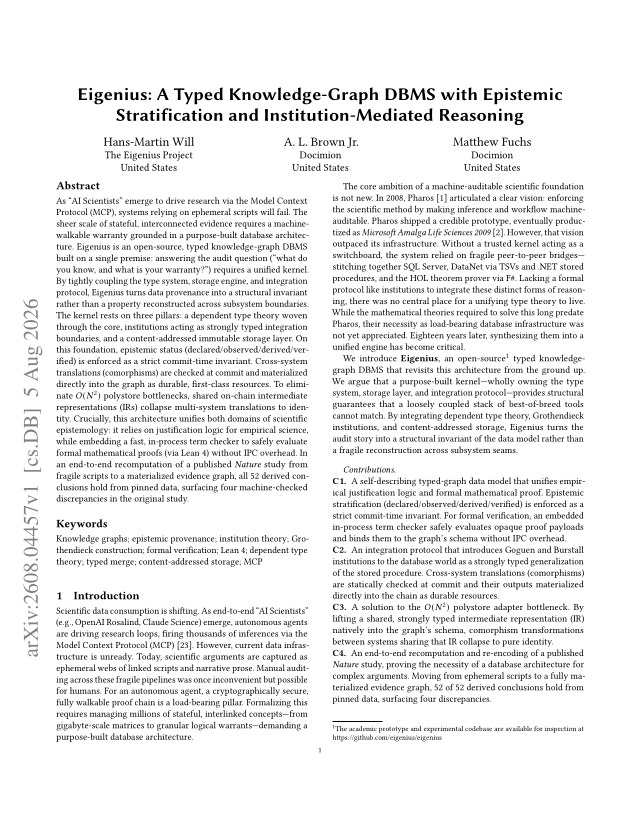 First page of Eigenius: A Typed Knowledge-Graph DBMS with Epistemic Stratification and Institution-Mediated Reasoning