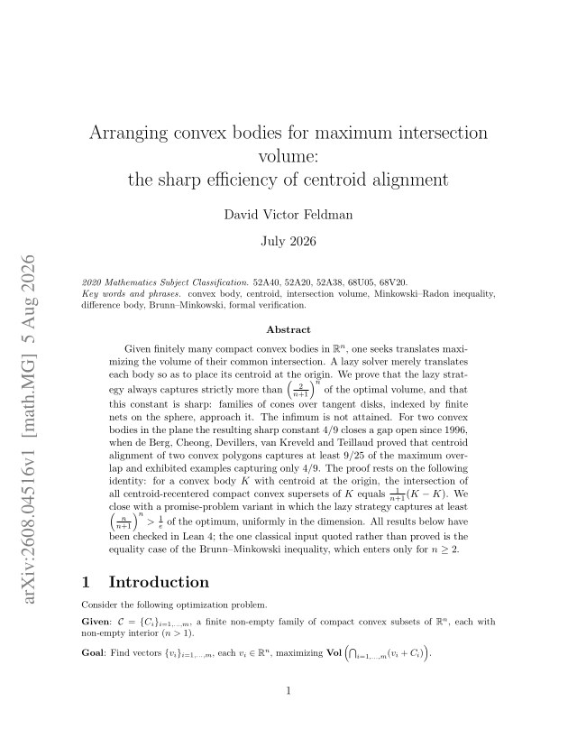 First page of Arranging convex bodies for maximum intersection volume: the sharp efficiency of centroid alignment