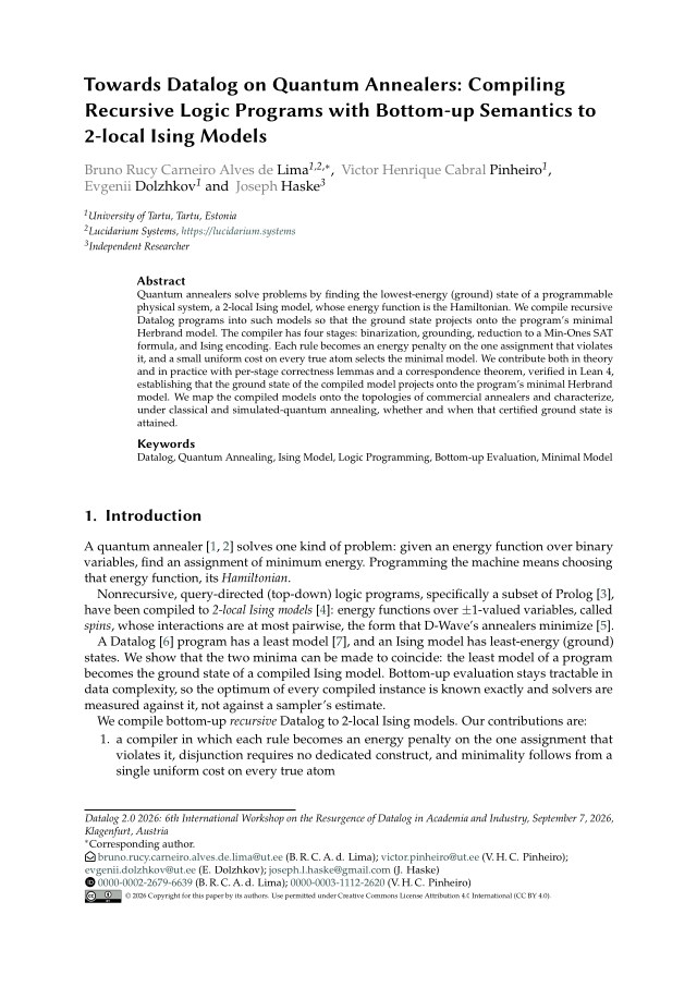 First page of Towards Datalog on Quantum Annealers: Compiling Recursive Logic Programs with Bottom-up Semantics to 2-local Ising Models