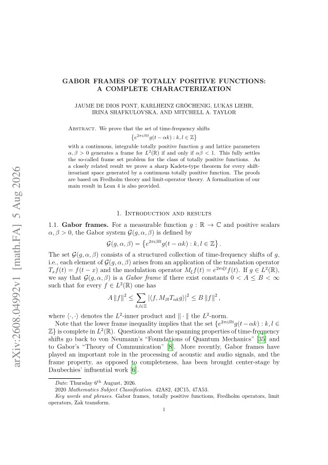 First page of Gabor Frames of Totally Positive Functions: A Complete Characterization