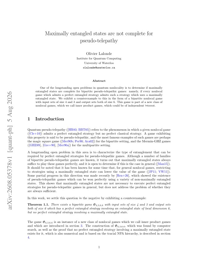 First page of Maximally entangled states are not complete for pseudo-telepathy