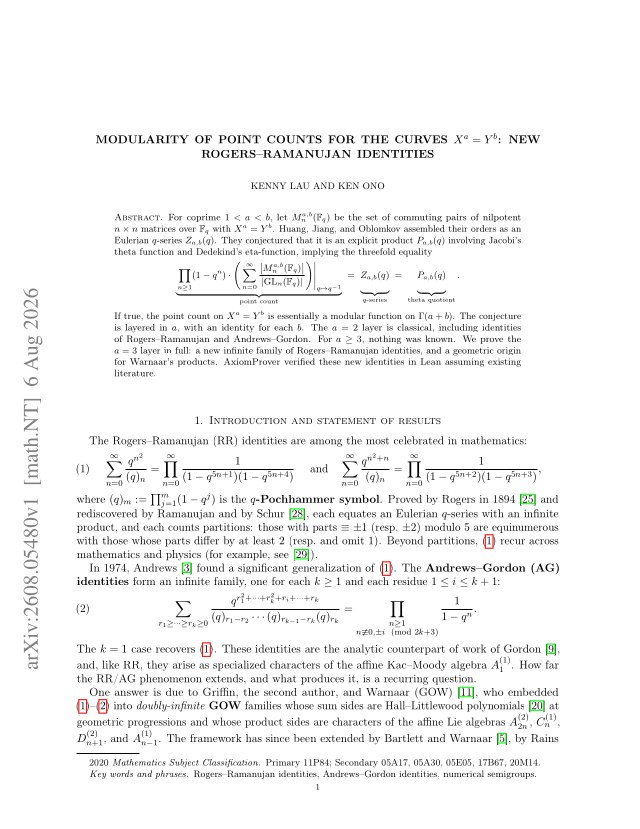 First page of Modularity of Point Counts for the Curves $X^a=Y^b$: New Rogers–Ramanujan Identities