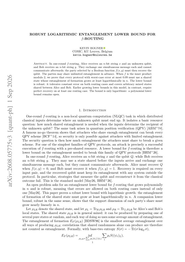 First page of Robust logarithmic entanglement lower bound for $f$-routing